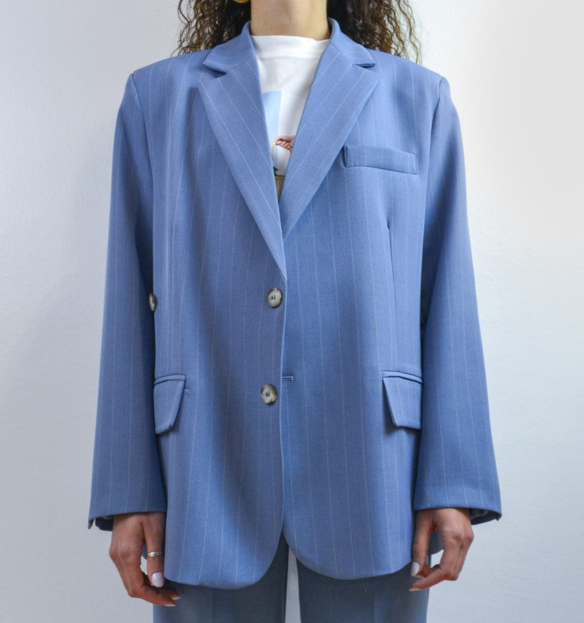 Blazer oversize gessato azzurro doppio bottone, Margé Pomezia 3
