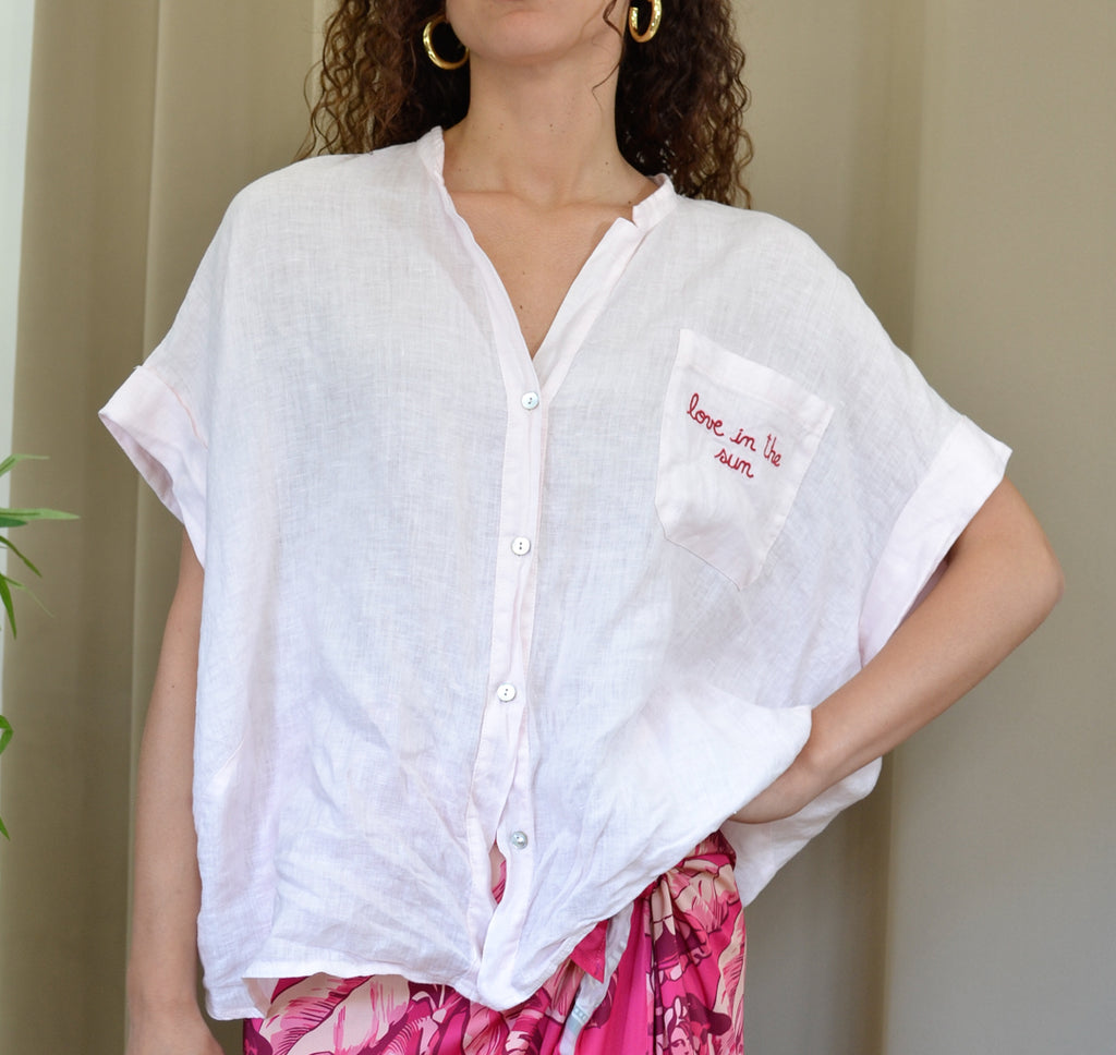 Camicia Tensione In Lino Rosa Ricamo Love in the Sun