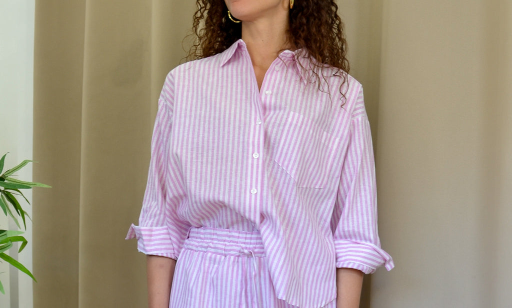 Camicia gessata rosa e bianco fit a scatoletta con tasca lato cuore — Margé Pomezia