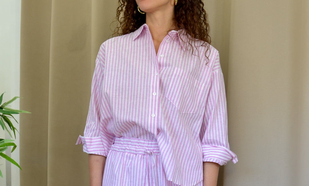 Camicia gessata rosa e bianco fit a scatoletta con tasca lato cuore — Margé Pomezia