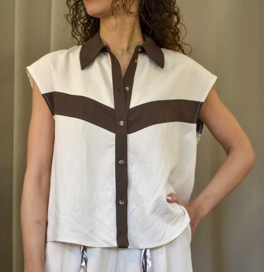 Camicia Vicolo bicolore ecru e testa di moro misto viscosa,
vista frontale, Margé Pomezia