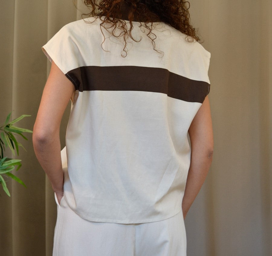 Camicia Vicolo bicolore ecru e testa di moro misto viscosa,
vista posteriore, Margé Pomezia