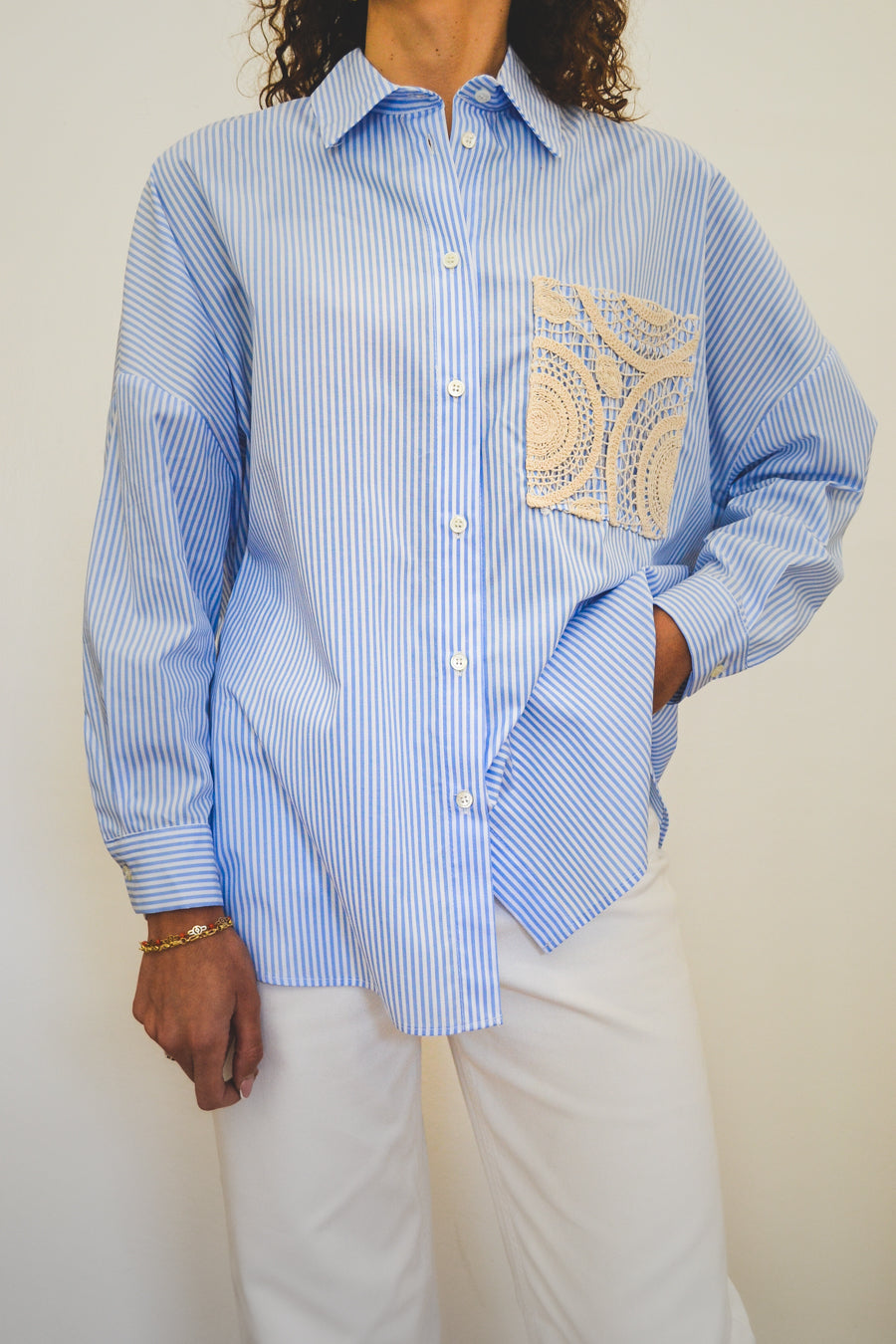 Camicia Oversize Vicolo Righe Celesti Tasca Crochet