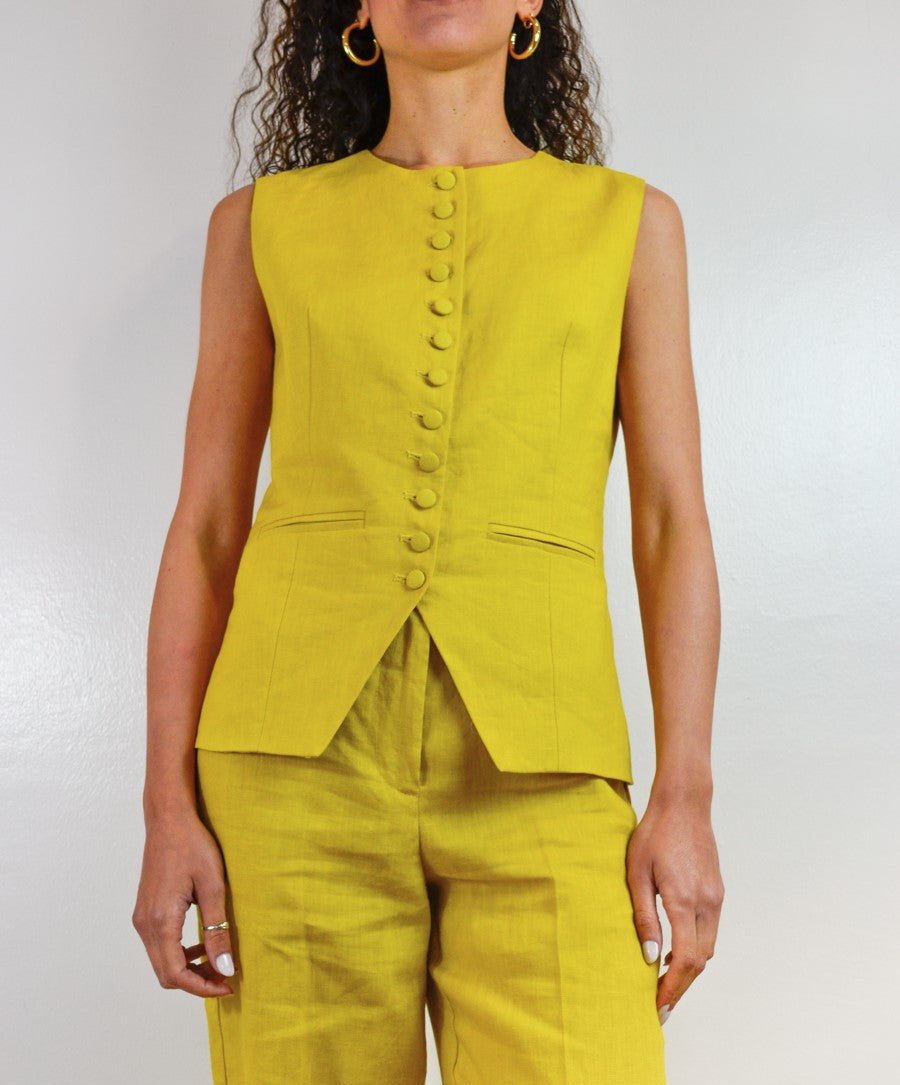 Gilet Vicolo lino giallo abbottonatura multibottone, vista 
frontale, Margé Pomezia