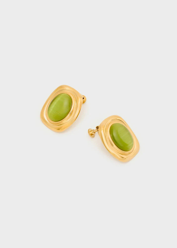 Orecchini clip vintage dorati con pietra naturale, variante verde — gioiello Nalì — Margé Pomezia