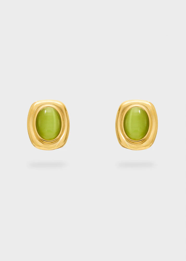 Orecchini clip vintage dorati con pietra naturale, variante verde — gioiello Nalì — Margé Pomezia