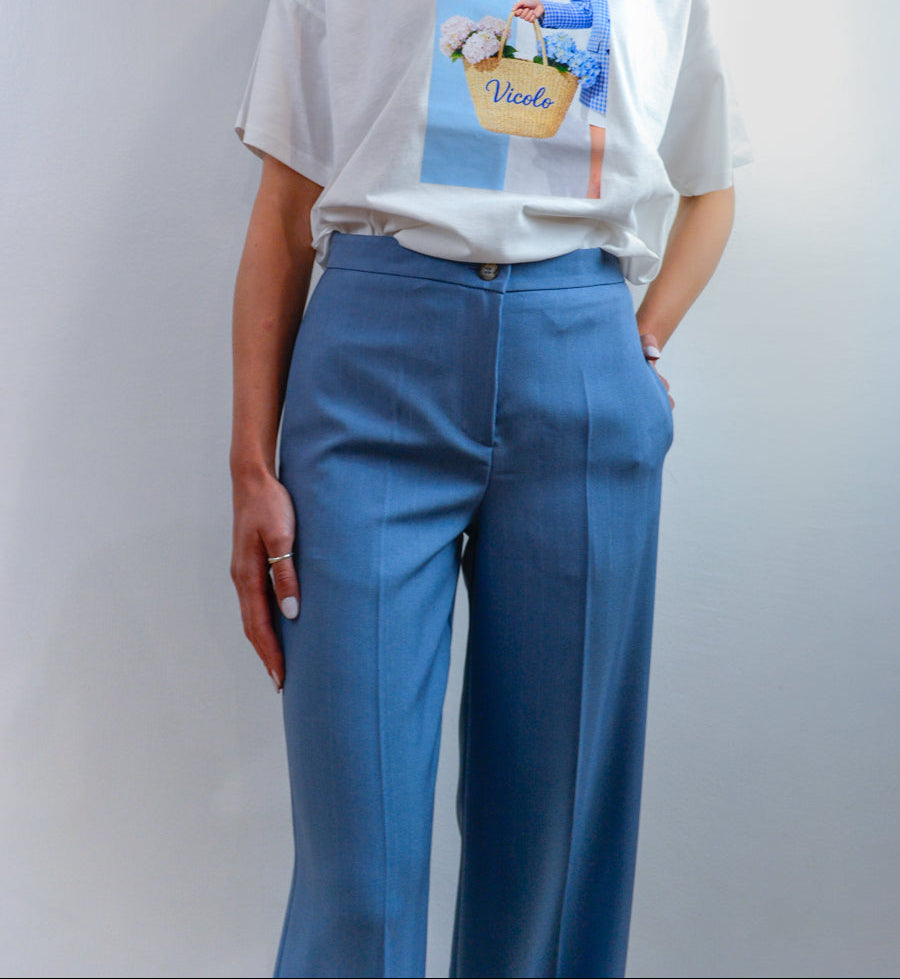 Pantalone sartoriale gessato azzurro vita alta, Margé Pomezia 1