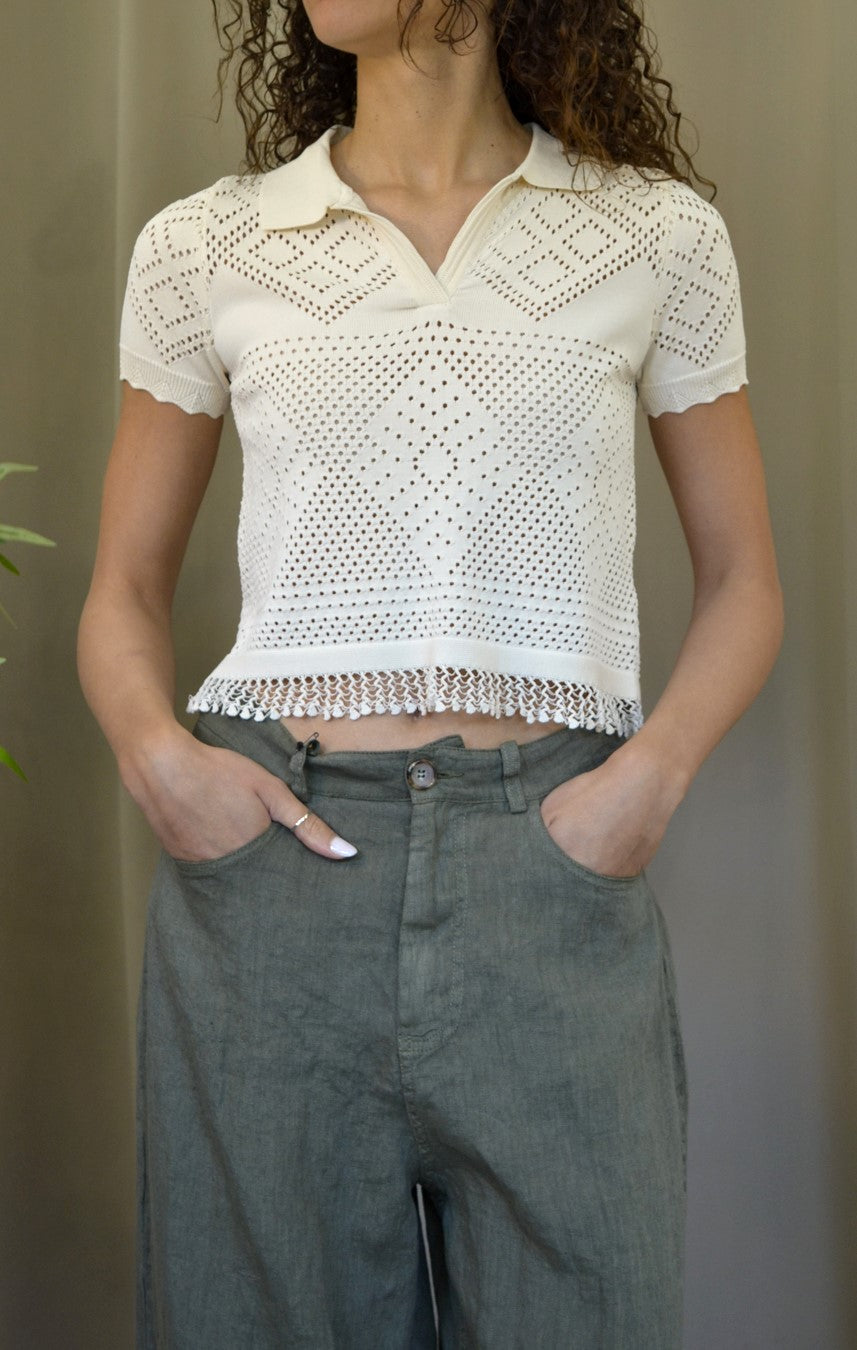 Polo crochet Goa Goa Melina ecru traforata con bordo
smerlato, vista frontale, Margé Pomezia