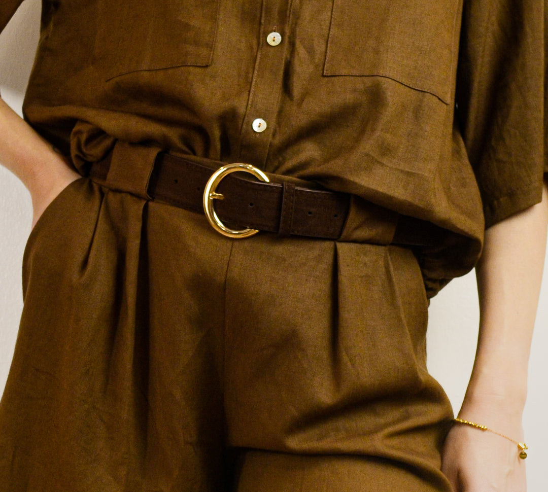 Shorts Have One Jessy lino marrone vita alta, vista frontale, 
Margé Pomezia