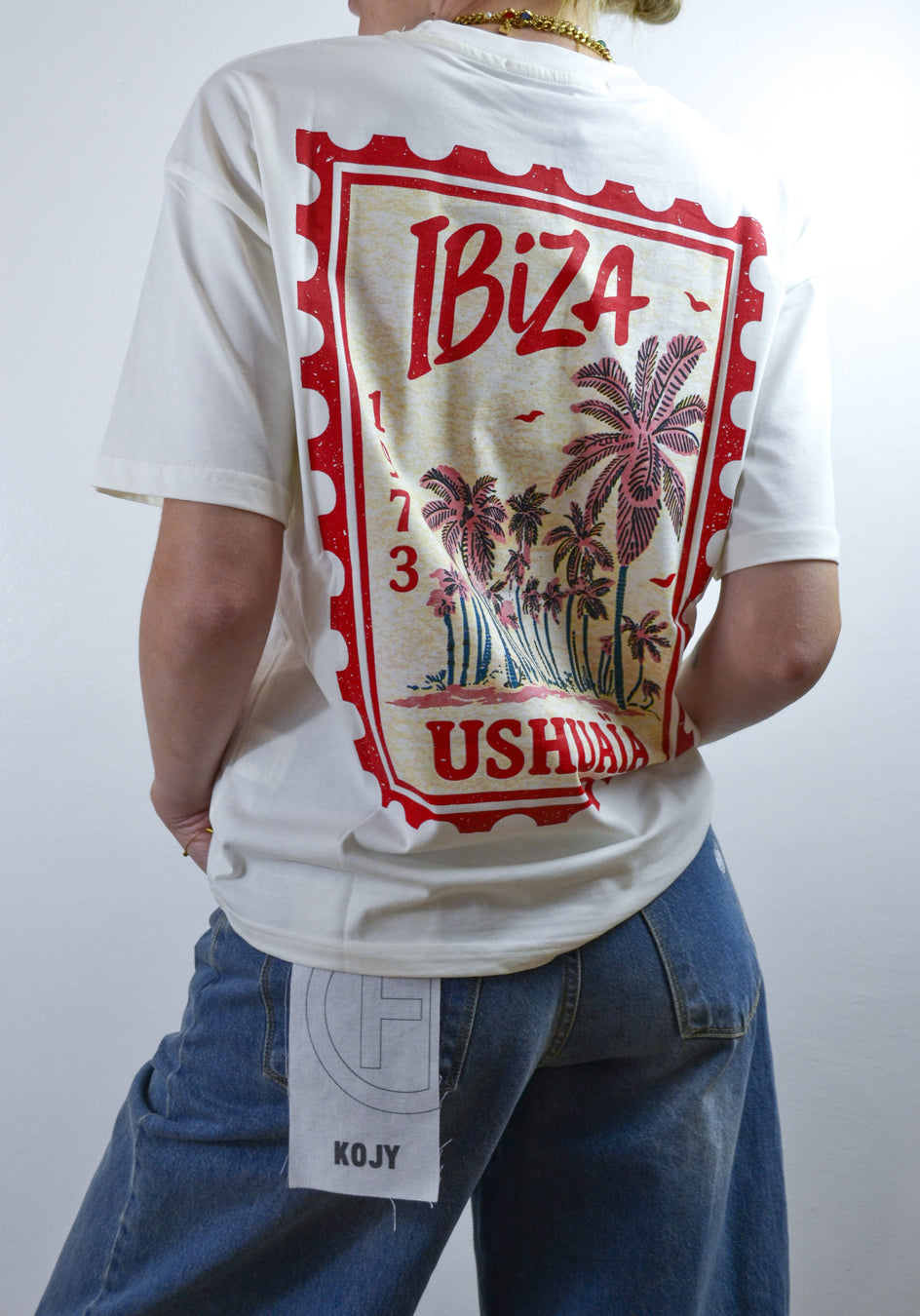 T-shirt Have One panna stampa vintage Ibiza francobollo, vista 
posteriore, Margé Pomezia